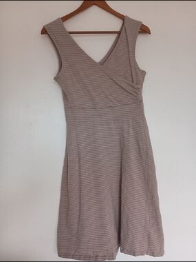 Patagonia Organic Cotton Taupe Striped Wrap Midi Dress